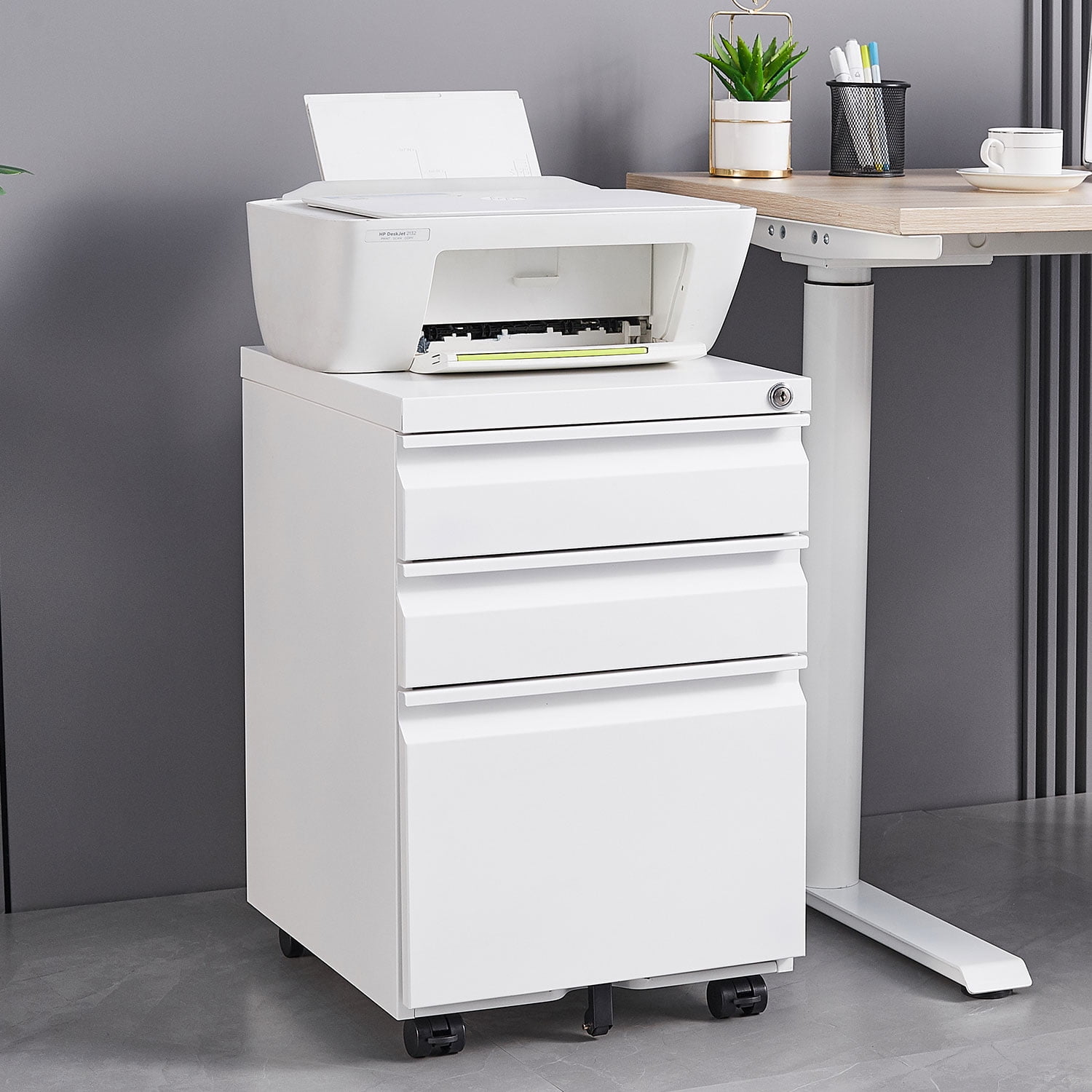 White 3-Drawer Office Filing Cabinet on Wheels with Lockable Storage for