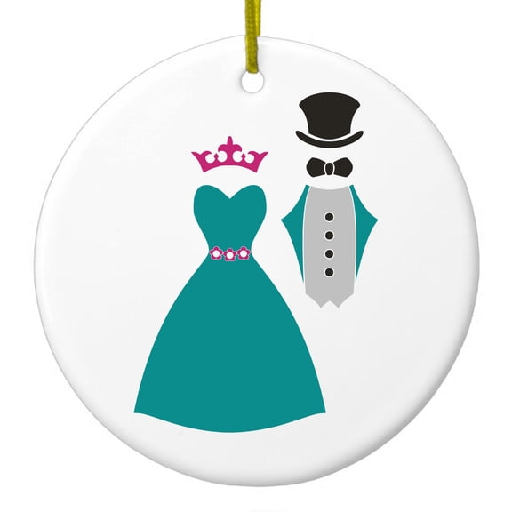 DistinctInk Hanging Ceramic Christmass Tree Ornament with Gold String - Great Gift / Present - 2 3/4 inch diameter - Bride & Groom Wedding Attire