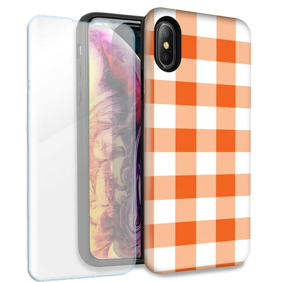 Mundaze Orange White Plaid Double Layer Case w/Glass Screen Protector For Apple iPhone XS Max