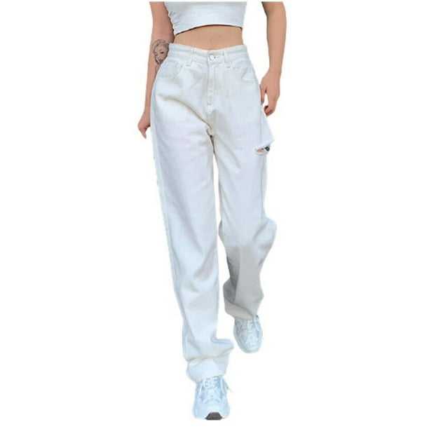 Pantalones vaqueros de moda informales de cintura media lisos con bolsillos lavados y rectos para mujer Fridja hfkajh103261