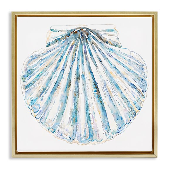 Stupell Industries Clam Shell on White Coastal Painting Gold Floater Framed Canvas Art Print Wall Art, 18 x 18