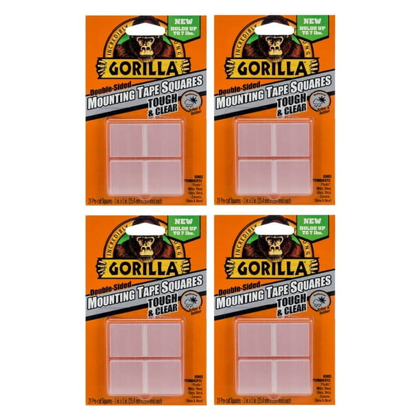 Gorilla Mounting Tape Squares PreCut 1 in x 1 in Double Sided 24 Squares Indoor Outdoor Strong