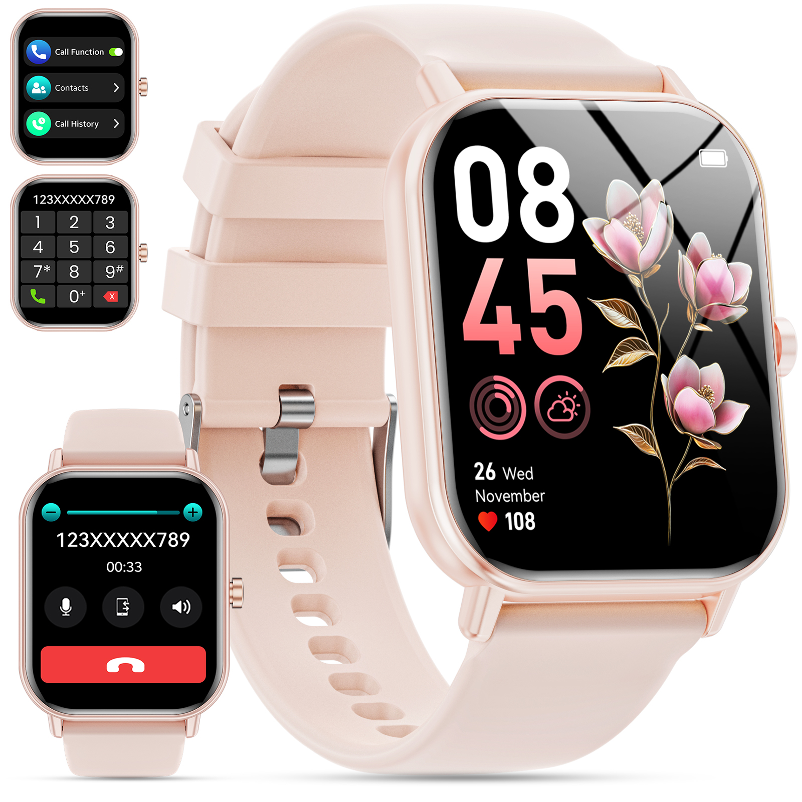 Mingwear 1.85-Inch Men's and Women's smartwatch fits for Android and iPhone Devices with Fitness Tracker, Pedometer, Answer/Call/120 Sport Modes, IP68 Waterproof Fitness Watch (Pink)
