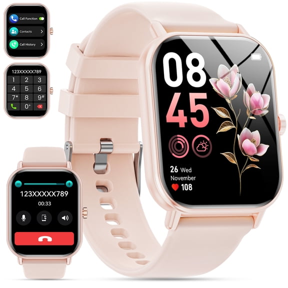 Mingwear 1.85-Inch Men's and Women's smartwatch fits for Android and iPhone Devices with Fitness Tracker, Pedometer, Answer/Call/120 Sport Modes, IP68 Waterproof Fitness Watch (Pink)