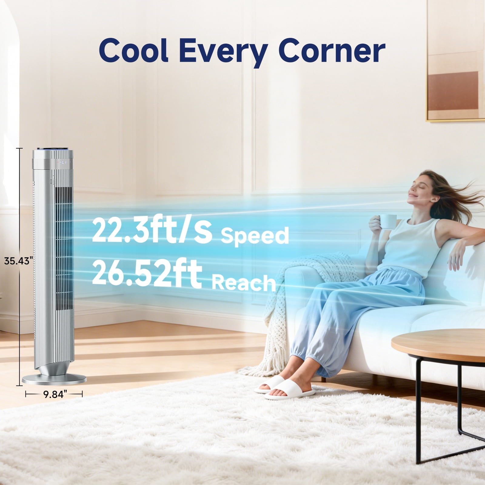JIOABL Bladeless Tower Fan: 5 Speed Settings, 4 Modes, 25Ft/s Breeze, & Customizable Timer for Peaceful Sleep & Optimal Airflow, Silver