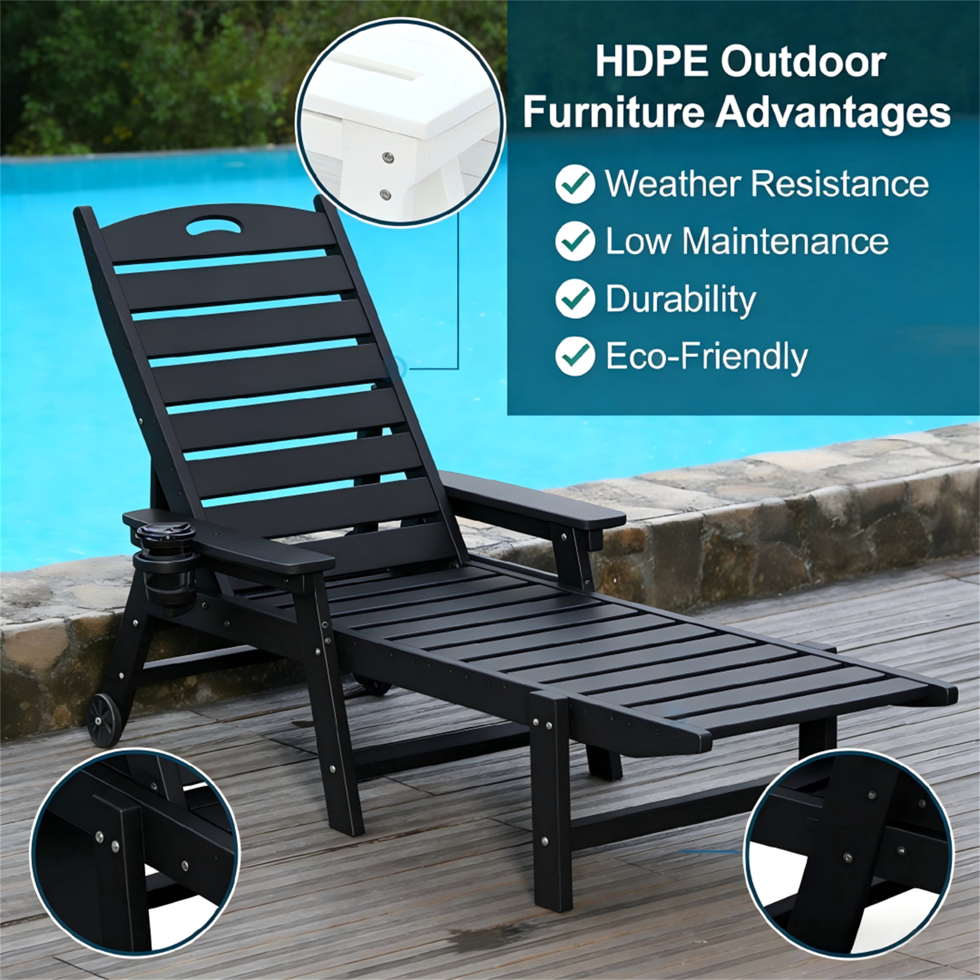 Aukfa HDPE Outdoor Patio Chaise Lounge Chair w/ Cup Holder&Wheels, 360 LBS Capacity, Black