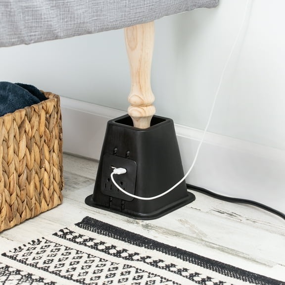Honey-Can-Do 5.5" Black Plastic Bed or Furniture Risers with Power Outlets and USB Ports (Set of 4)