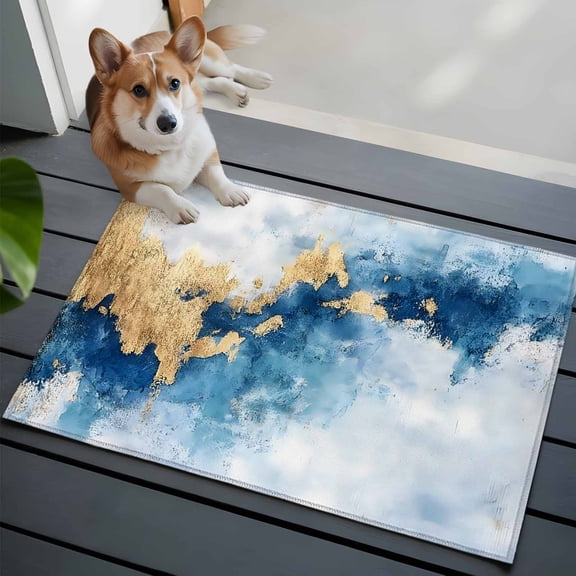 Modern Marble Texture T Front Door Rugs 2x3 ft Blue Gold Abstract Fusion Small Rug for Entryway Non Slip Washable Bathroom Door Mat Absorbent Floor Mat for Indoor Entrance