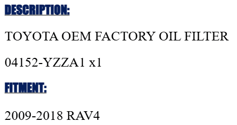 TOYOTA OEM FACTORY OIL FILTER 2009-2018 RAV4