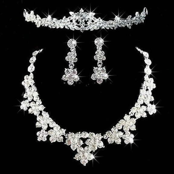 Yesbay Bridal Jewelry Shiny Rhinestone Flower Crown Necklace Earrings Set-