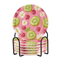 Yayeee 6 PCS Drink Coasters with Holder Set Woven Absorbent Round Tabletop Hot Pad, Floral Raspberries