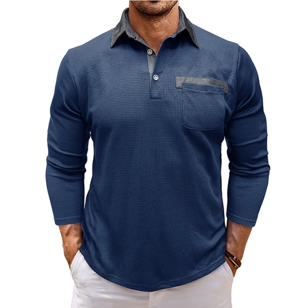 Blusa y camisa de manga larga con cuello vuelto para hombre, estilo casual, con bloques de color, de poliéster y manga larga.