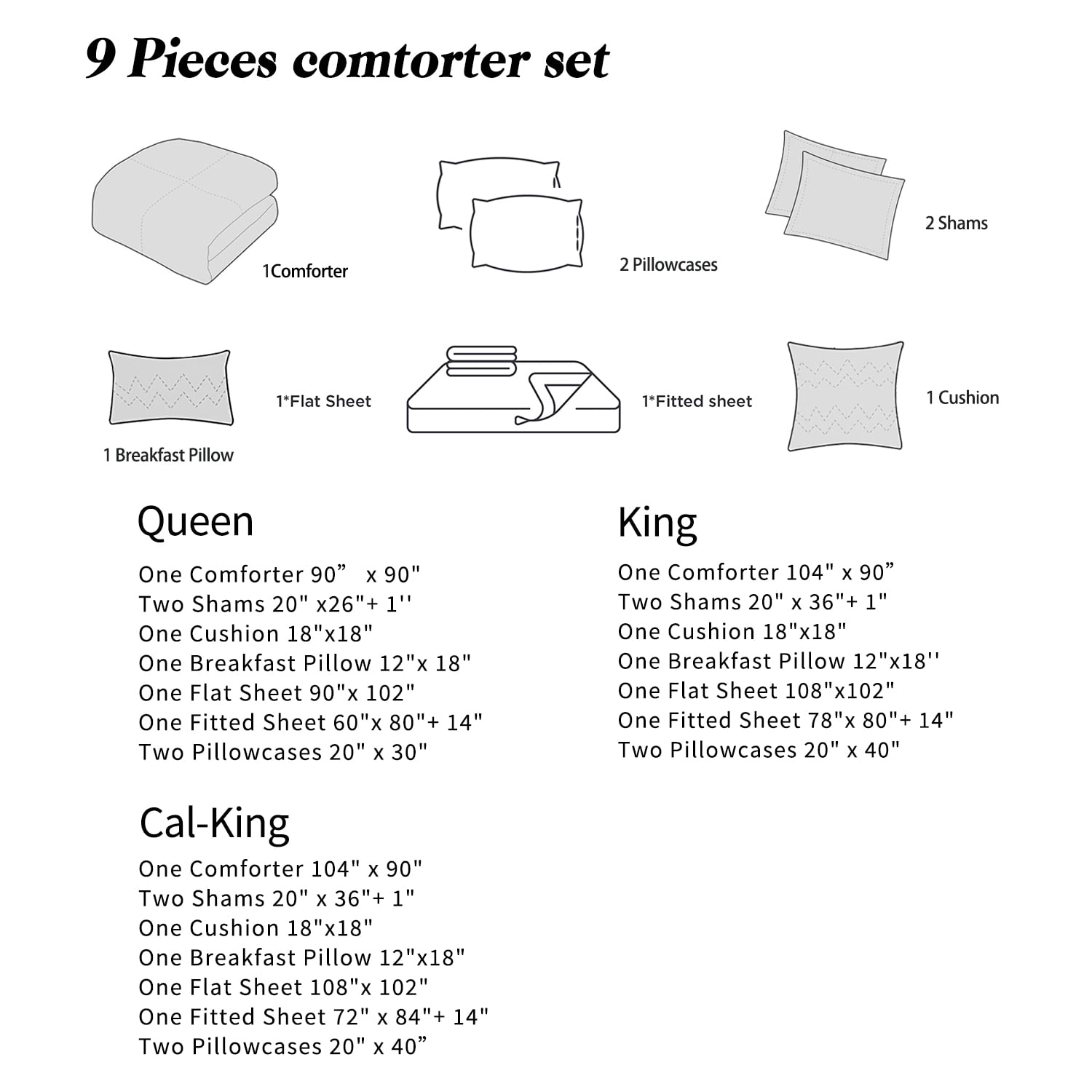 9-Piece Black & White Geometric Comforter Set, Luxury Bedding with Sheets and Decor Pillows,, King