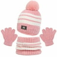 thumbnail image 2 of Xfvqtps Children 3 Piece Sets Hat Scarf and Gloves Knitted Fleece Lining Stripe Plush Pompom Thickened Windproof Coldproof Warm Winter Beanie Scarf and Glove 3PCS Outfits Set Pink, 2 of 9