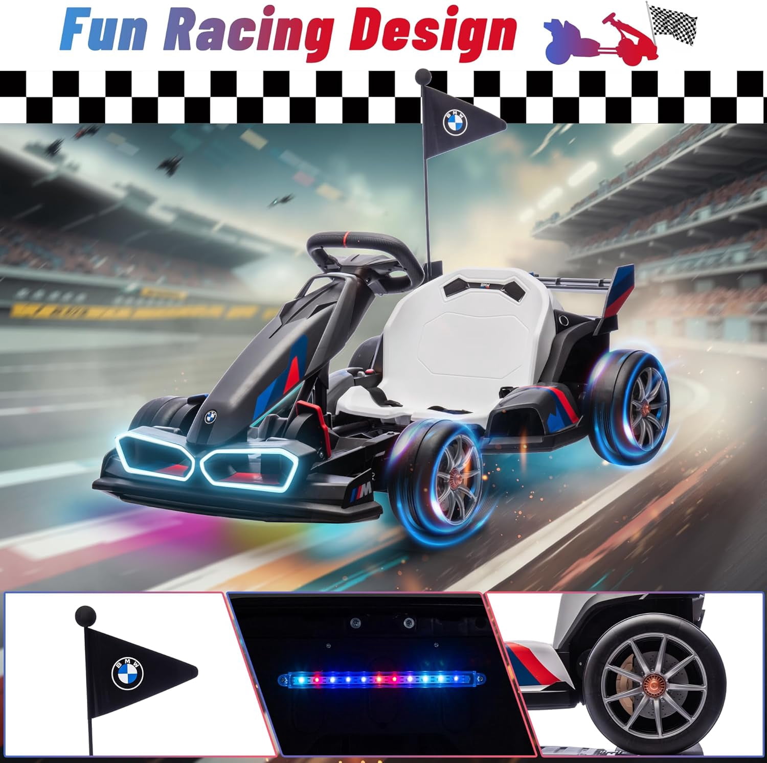 Licensed BMW Electric Go Kart for Kids 6-12, 24V 9AH Drift Kart Ride on Toys, Dual 200W Motors, Adjustable Seat, Drift Mode, 2 Speed, LED Lights
