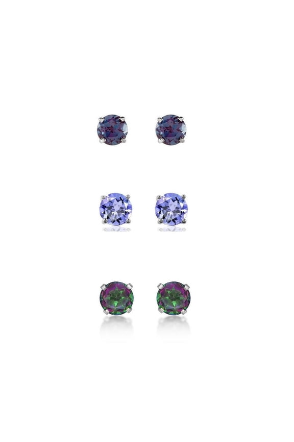 18k White Gold Plated Alexandrite, Tanzanite & Mystic Topaz Stud Earrings (Set of 3)