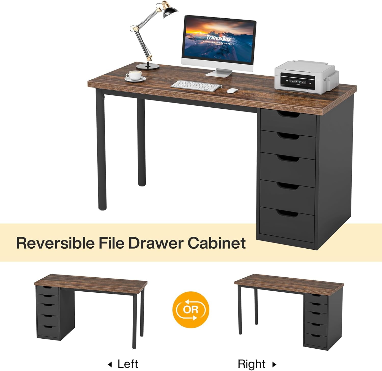 Tribesigns Computer Desk with 5 Drawers, 47 inches Rustic Brown Home Office Desk with Storage, Modern Study Writing Table Workstation for Small Spaces, Brown & Black