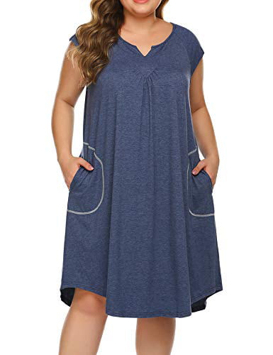 16W-28W IN'VOLAND Women’s Plus Size Nightgown V Neck Cotton Sleepdress Casual Pocket Short Sleeve Sleepwear 