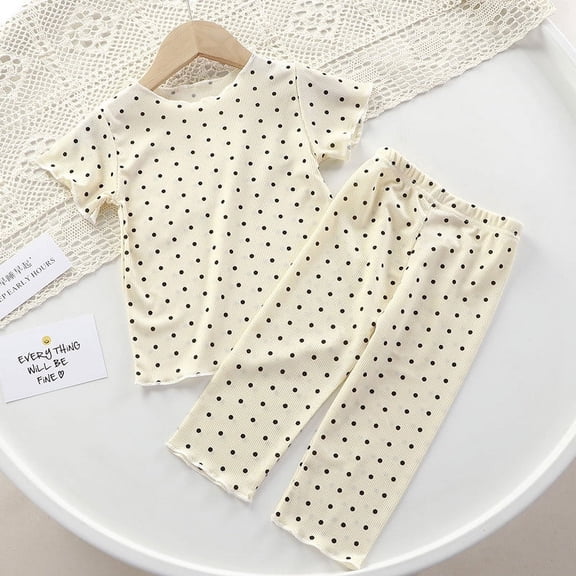 Loungewear Sets for Girls & Boys 6M-6Y Cute Polka Dot Printed Two Piece Outfits Toddlers Kids Short Sleeve Tops and Pants Casual Suits Set