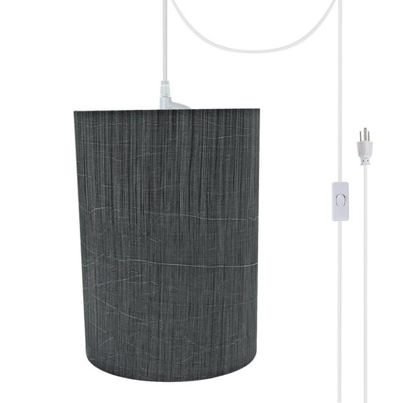 Aspen Creative 71259-21 One-Light Plug-In Swag Pendant Light Conversion Kit with Transitional Drum Fabric Lamp Shade, Grey & Black, 8" width