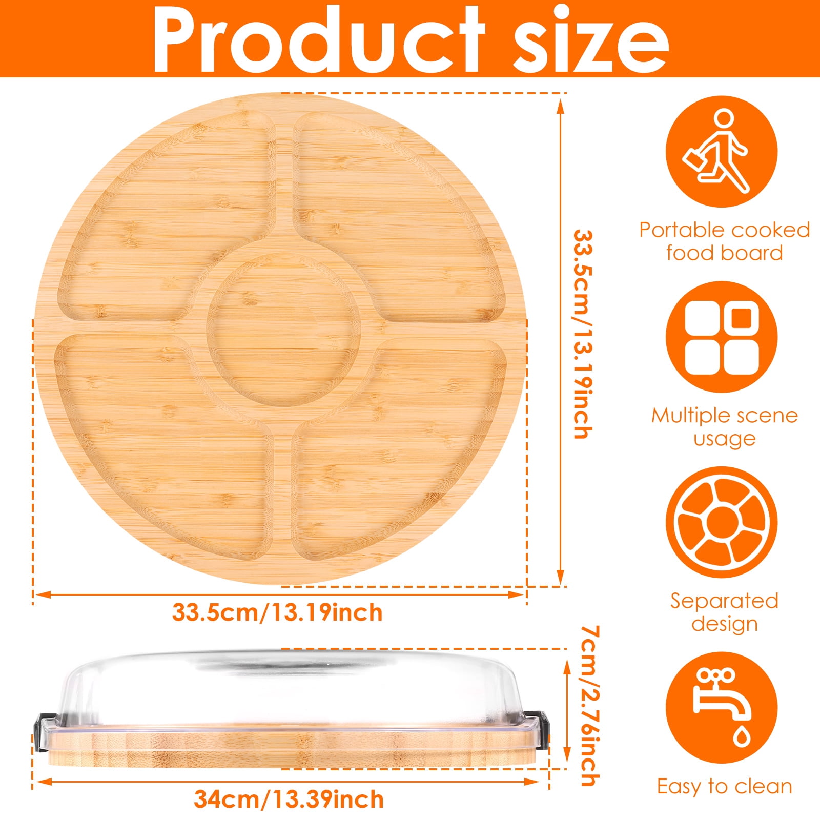 Ihvewuo Cheese Board Covered Fruits Platter Serving Tray Round Charcuterie Board with Lid Large Capacity Divided Design for Party Picnic Camping