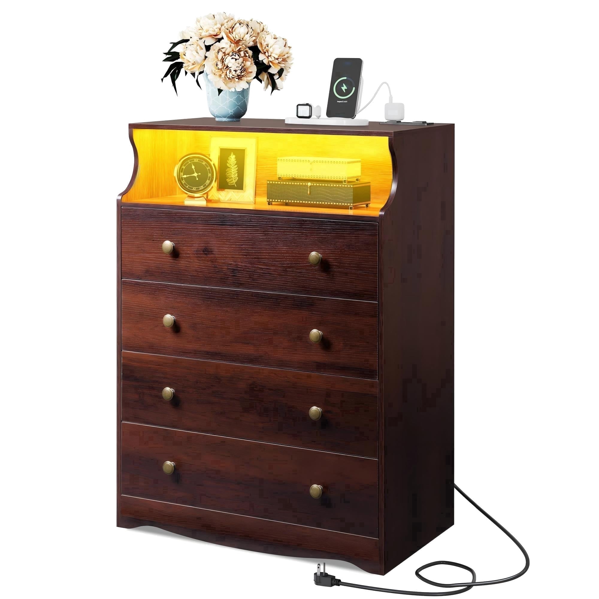 GALAXHERO 4 Drawers Dresser for Bedroom, Rustic Brown Tall Dressers with  LED Open Shelf, Modern Chest of Drawers with Charging Station, Wood Closet Clothes Organizer Storage Cabinet