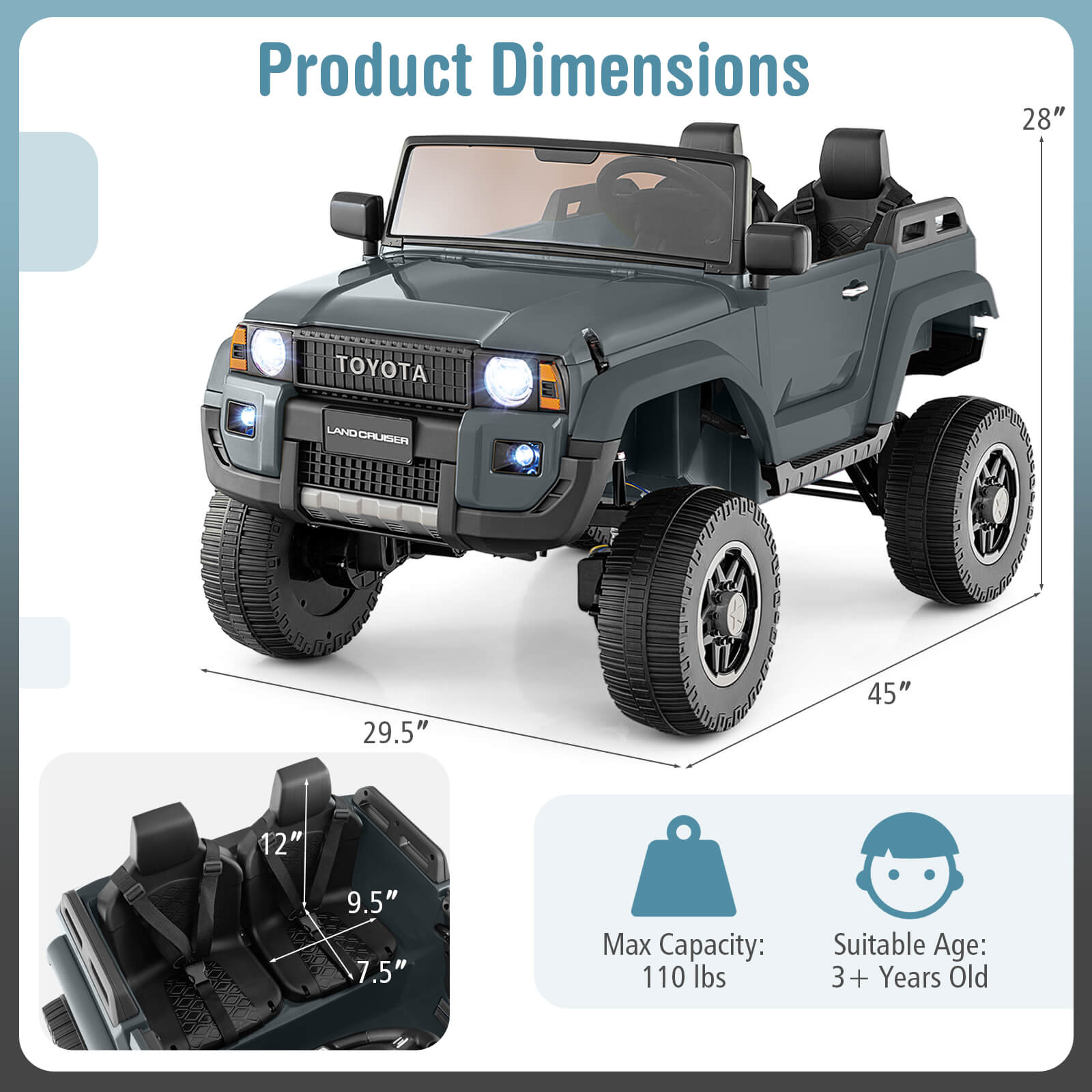 Costway 24V 2 Seater Ride on Car for Kids Licensed Toyota LC250 Ride on Truck with Remote Gray