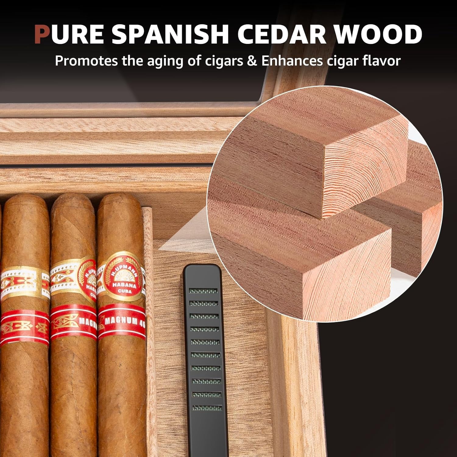 MY Cigar Humidor, Spanish Cedar Wood Humidor with Accurate Digital Hygrometer, Humidifier, Divider, Handcrafted Cigar Humidor Box Holds 40-60 Cigars, Gift for Cigar Lovers