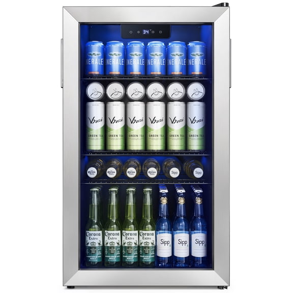 EUHOMY 125 Can Beverage Refrigerator and Cooler with Glass Door for Home, 17.3 in D, 31.5 in H, Silver