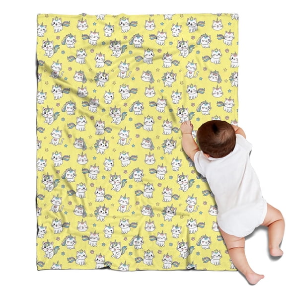 Yellow Cartoon Cat Unicorn Pattern Blanket,Comfortable Soft Flannel Throw Blanket,All Season,Warm Lightweight Blankets for Sofa Bed Couch Living Room Chair,30"x40"