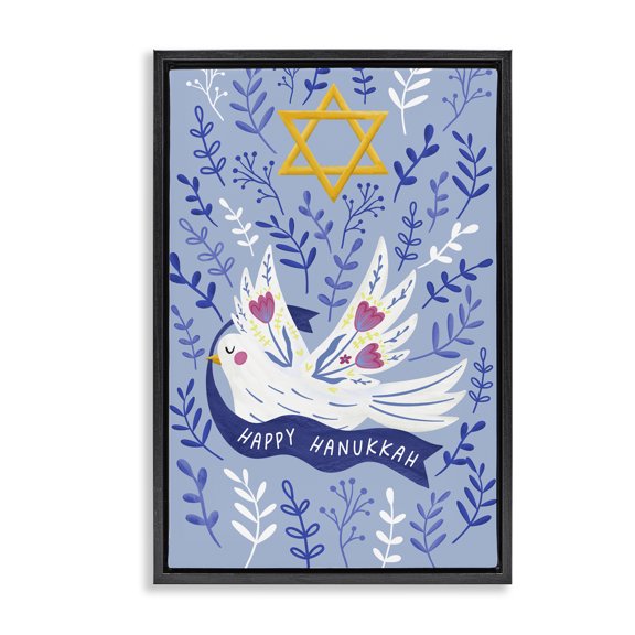 Stupell Industries Modern Happy Hanukkah Dove & Florals Black Floating Frame Canvas Art, 17 x 25, by JJ Design House LLC