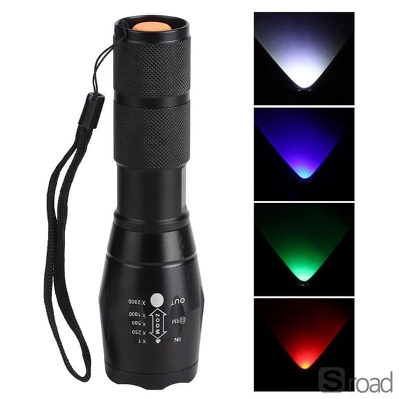Zoomable LED Flashlight With 4 Light Colors (White/Red/Green/Blue), Adjustable Focus, IPX6 Waterproof, Telescoping Hunting Light For Camping, Hiking, Emergency