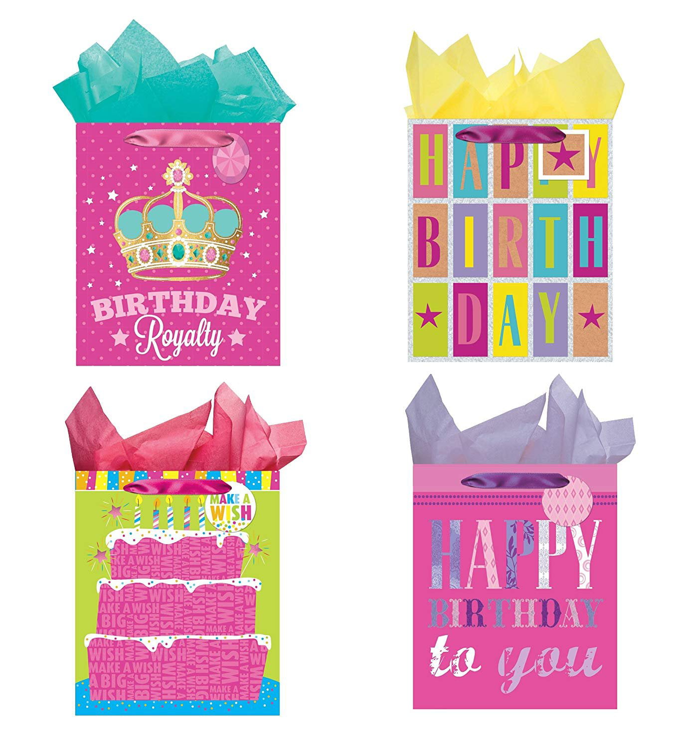Set of 4 Large Birthday Gift Bags w/Tags & Tissue Paper All Occasion Party Gift Bags