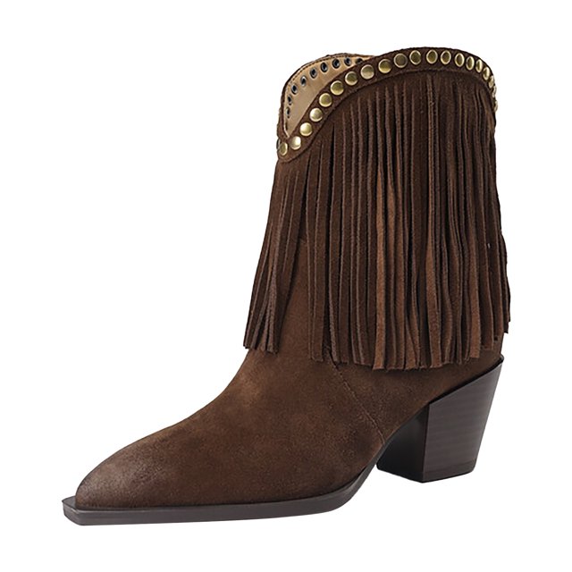 NECHOLOGY Botas Mujer Adulto Femenino Zapatos Botines para mujer Botas de mezclilla occidentales con borlas vintage Otoño/Invierno Nuevas botas con tacones gruesos puntiagudos (Brown, 7)