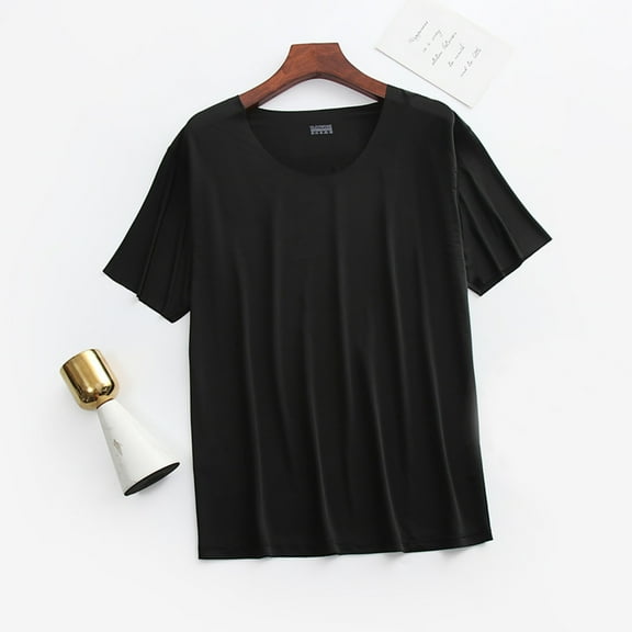 L-5X Mens Big & Tall Pajama T-Shirts Plus Size Silk Short Sleeve Crewneck Tees Tops Lightweight Solid Stretchy Pullover Loungewear Tshirts