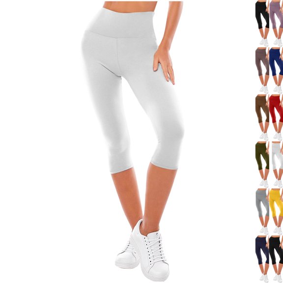 High Waisted Leggings for Women - Full Length Capri Buttery Soft Yoga Pants for Workout Athletic White L