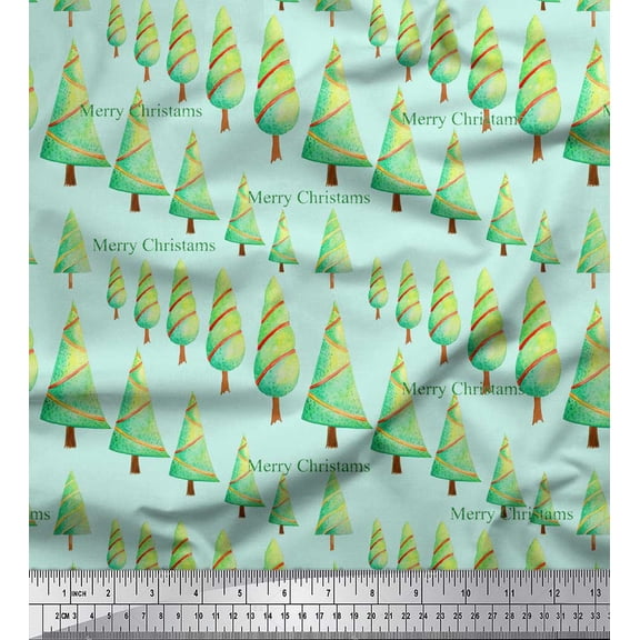 Soimoi Green Georgette Viscose Fabric Text & Christmas Tree Print Fabric by the Yard 42 Inch Wide