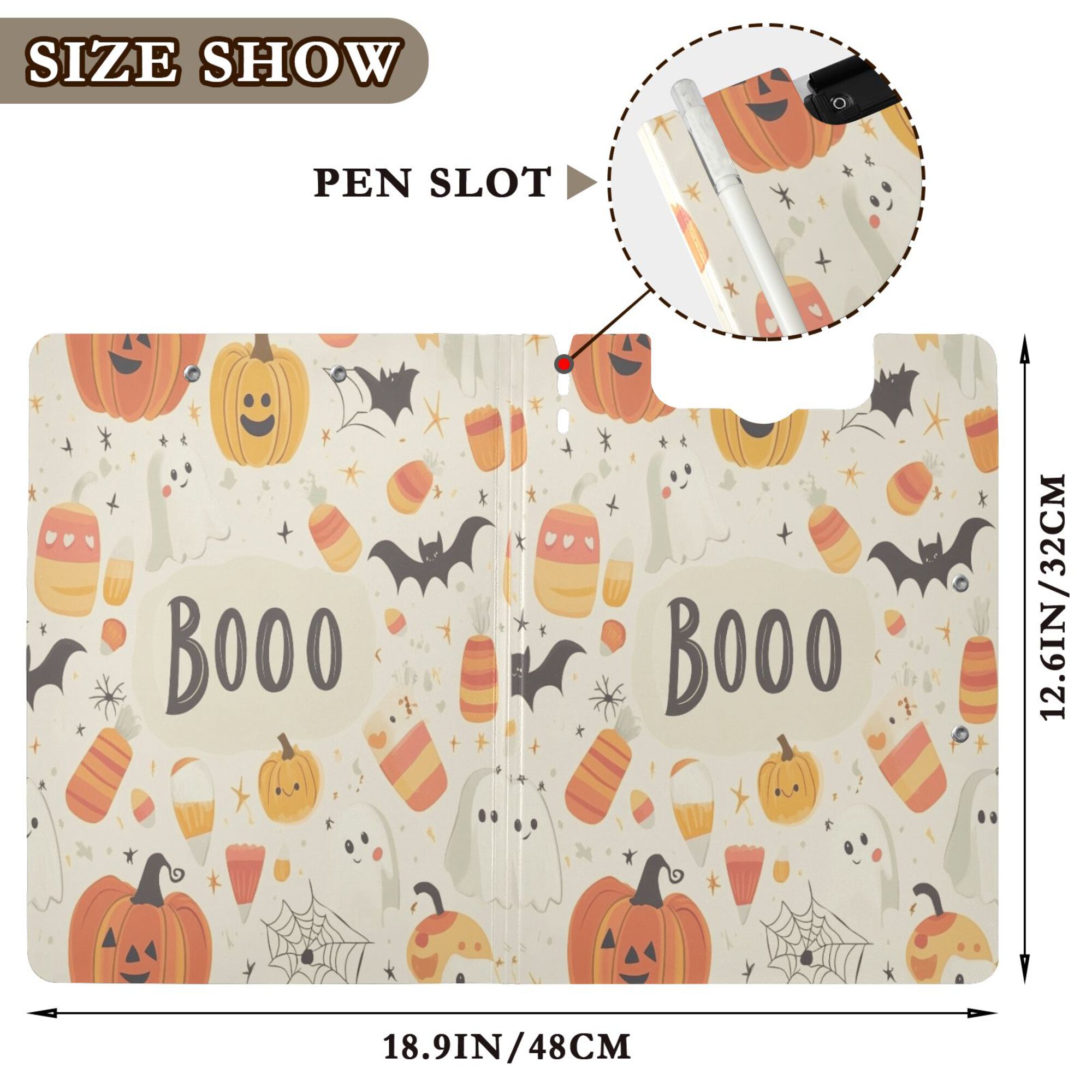 FORMRS A4 Clipboard Folder with Pen Holder Horizontal Foldable School Office Binder, Halloween Cute Pumpkins