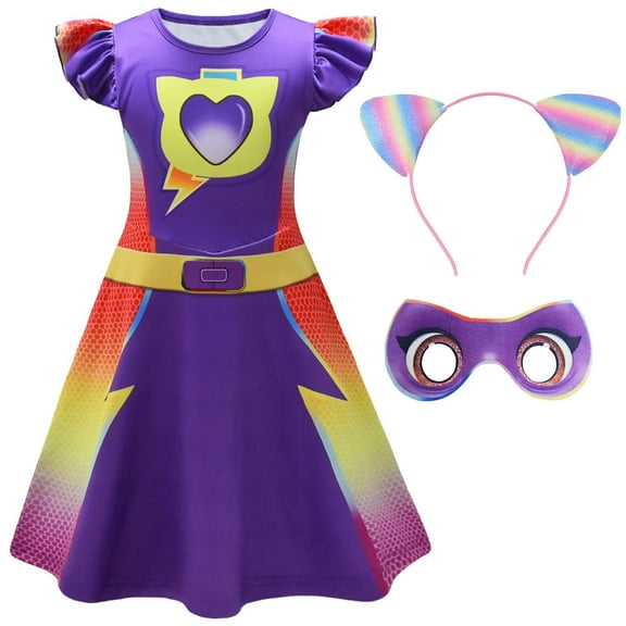 Girls Superhero Cat Cosplay Costume with Mask Headband Short Sleeve Halloween Outfits