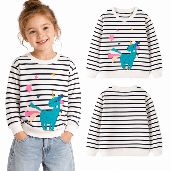 HILEELANG Girls 2-7Y Cotton Crewneck Sweatshirt, Striped Unicorn Applique, Long Sleeve Pullover