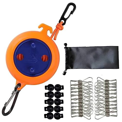 Camping Retractable Clothesline,Adjustable 32ft/10M Camping Clothesline,Portable Travel Clothesline,Outdoor Washing line,Drying Line with 20 Windproof Clothespins,10 Stoppers