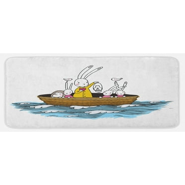 Animal Kitchen Mat, Cartoon Style Hare Family and a Hedgehog on a Sea Adventure Little Birds and Lantern, Plush Decorative Kitchen Mat with Non Slip Backing, 47" X 19", Multicolor, by Ambesonne