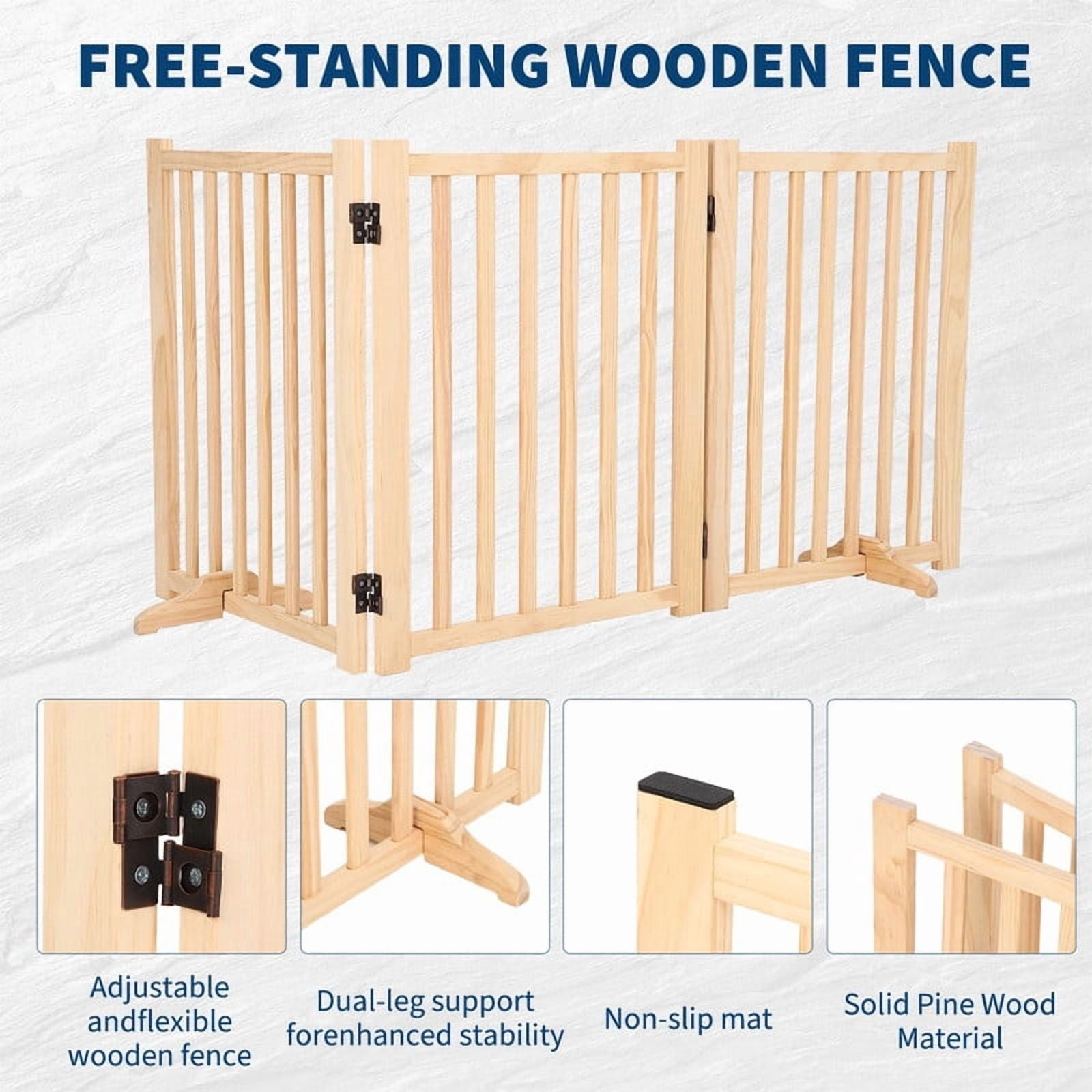 Towallmark 24 Inch Height Pet Gate, Freestanding Wooden Dog Gate, 4 Panel Safety Barrier with Support Feet, Folding Pressure Mount for Doorway Hall Kitchen, Solid Hardwood Paint Free