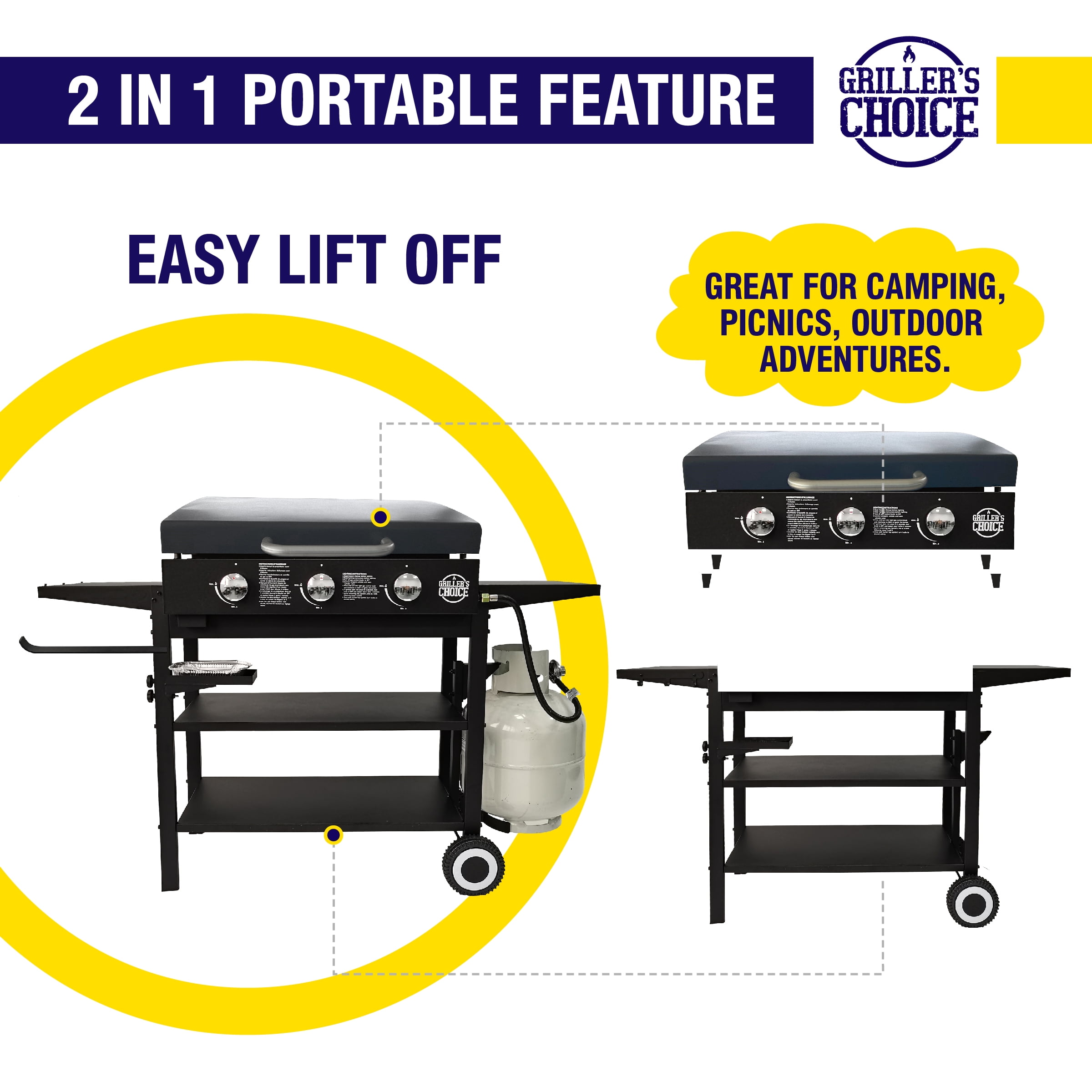 Griller's Choice Gas Griddle with Hinged Hood, Wind Guards, Front Grease Management, 4 Shelves, Propane Griddle for Outdoor Cooking, Steel Flattop Grills