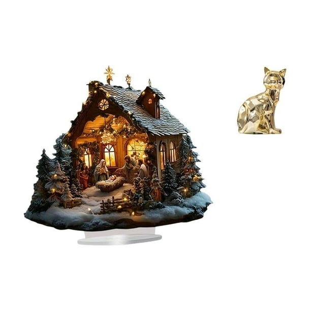Escultura de la Natividad,Adorno acrílico 2D Adorno de pie,Figura de escritorio,Estante de estatua de gato para escritorio,oficina,decoración del hogar,Figura decorativa de cerámica para