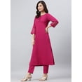 thumbnail image 3 of Janasya Indian Keyhole Neck 3/4 Sleeve Solid Magenta Poly Crepe Kurta With Pant For Women, 3 of 6