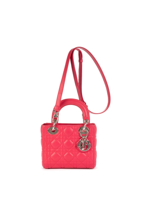 Pre-Owned Dior Fuchsia Pink Mini Lady Dior Mini Shoulder Bag Cannaged Leather