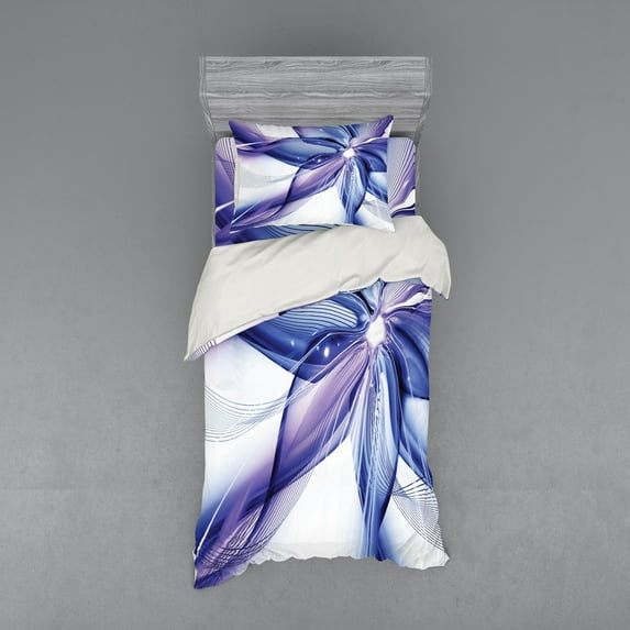 Ambesonne Abstract Bedding Set 3 Pcs, Geometric Flowers, Twin, Purple White and Blue