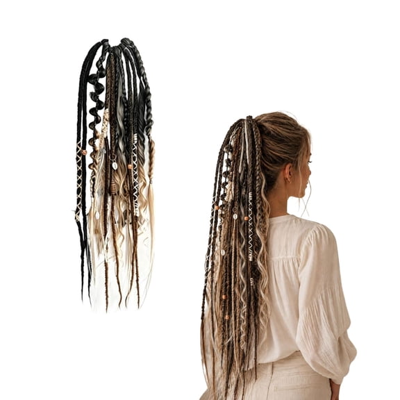 24 Inch Boho Braided Dreadlock Ponytail Clip in Braid Hair Tie Extension with Shell & Charm Beads, Instant Elastic Hand-Braided Viking Braid Hairpiece Salty Soul