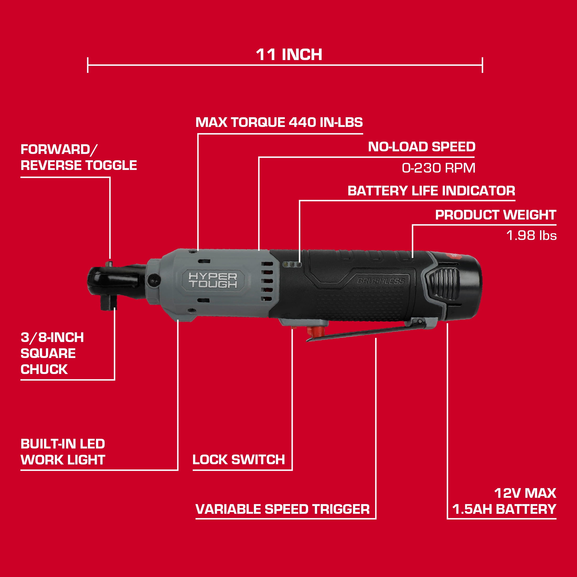 Hyper Tough 12V Brushless Ratchet Wrench with 1.5Ah Battery